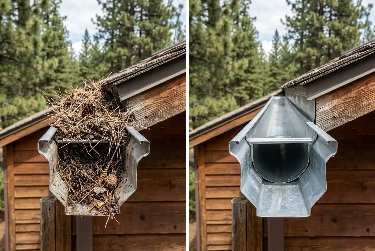 Before and after gutter downspout cleared of ponderosa pine needles in Bend, Oregon
