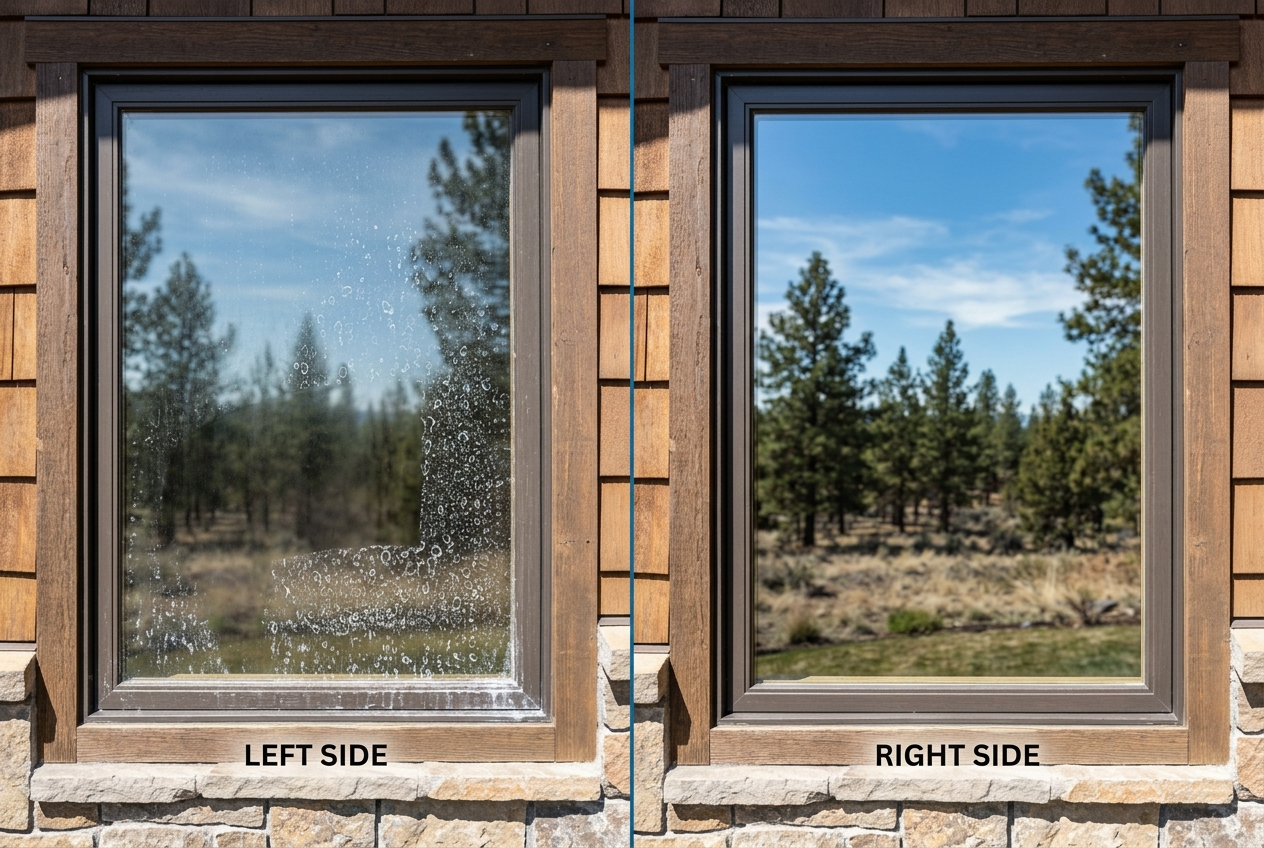 Before and after hard water spot removal on an exterior window in Bend, Oregon