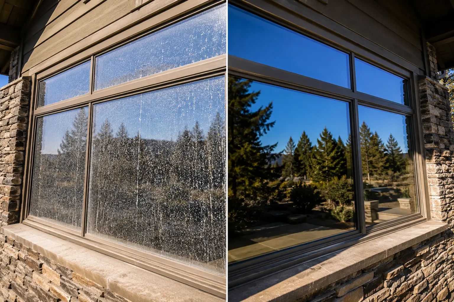 Before and after hard water spot removal on a residential window in Bend, Oregon