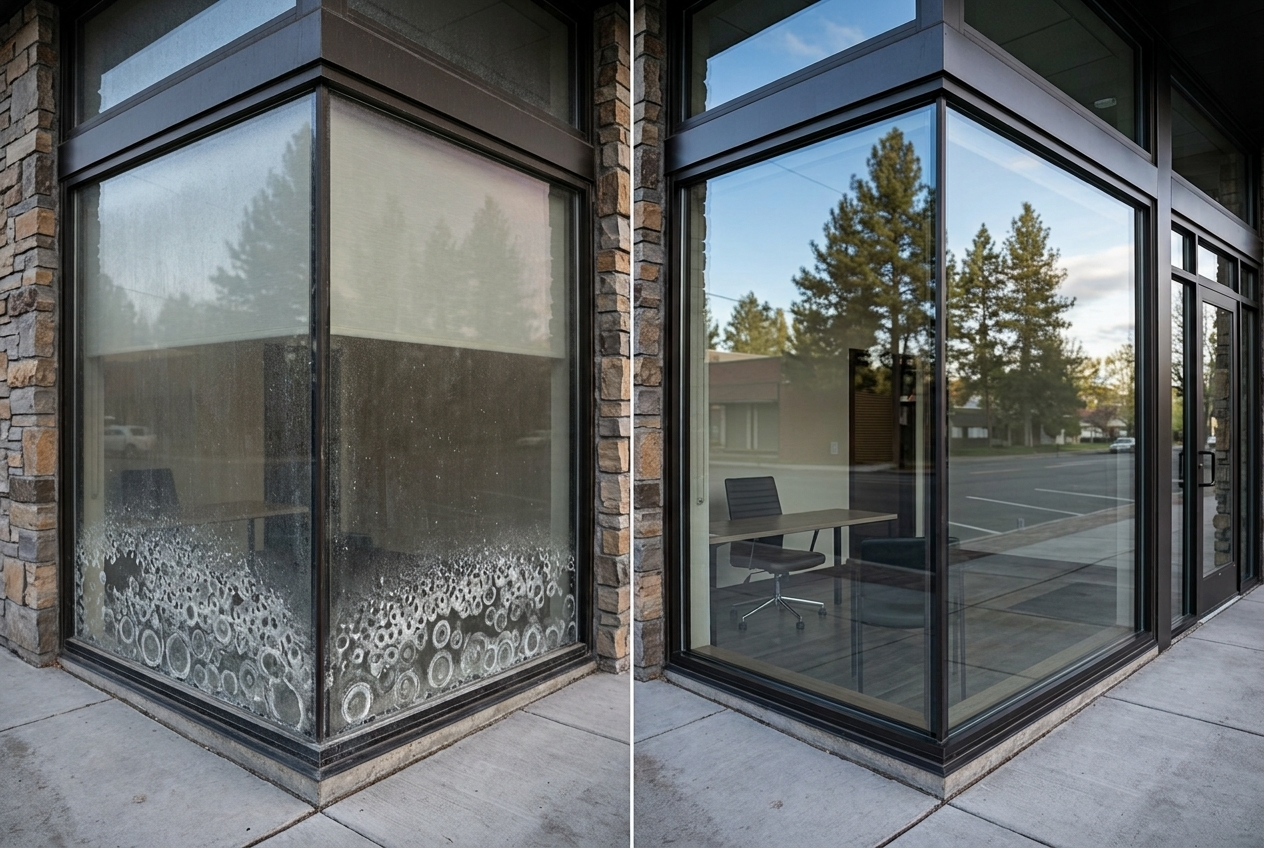Before and after commercial office window cleaning with mineral spotting removed in Bend, Oregon