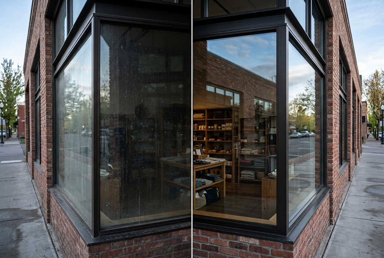 Before and after restaurant entrance glass cleaning in Bend, Oregon