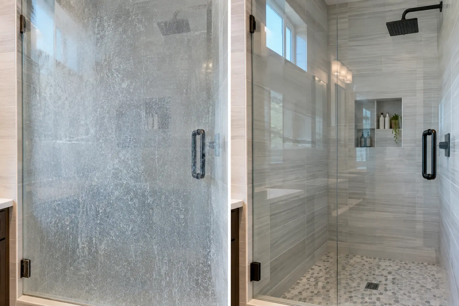 Before and after hard water and soap scum removal on a shower door in Bend, Oregon