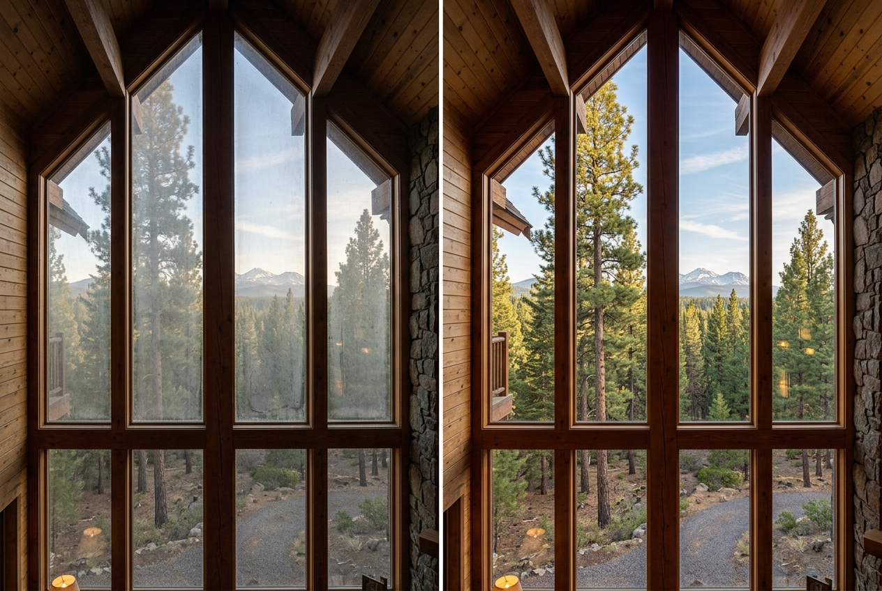 Before and after vaulted great room window cleaning at a Sunriver cabin in Bend, Oregon
