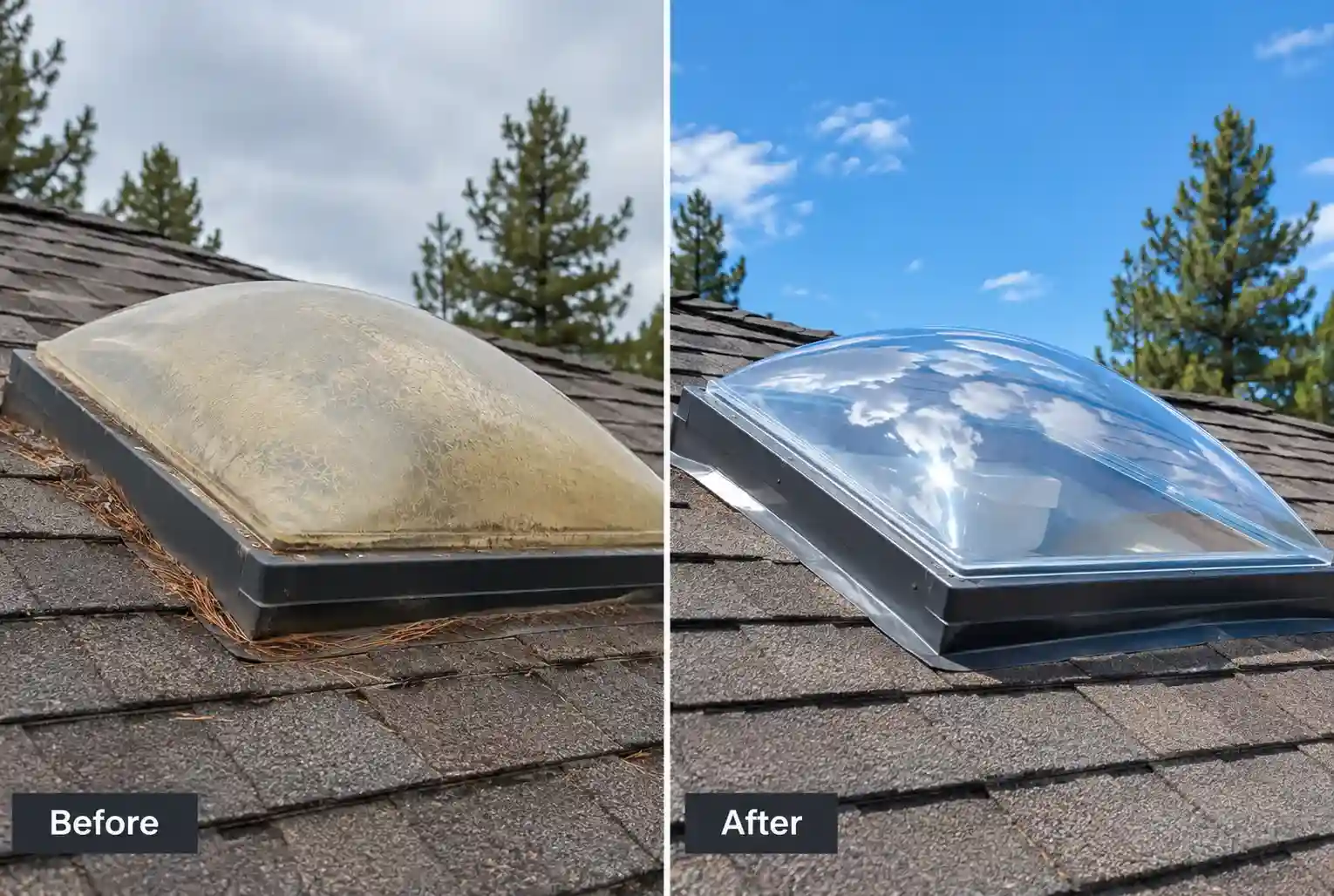 Yellowed acrylic dome skylight before and after cleaning in Bend, Oregon