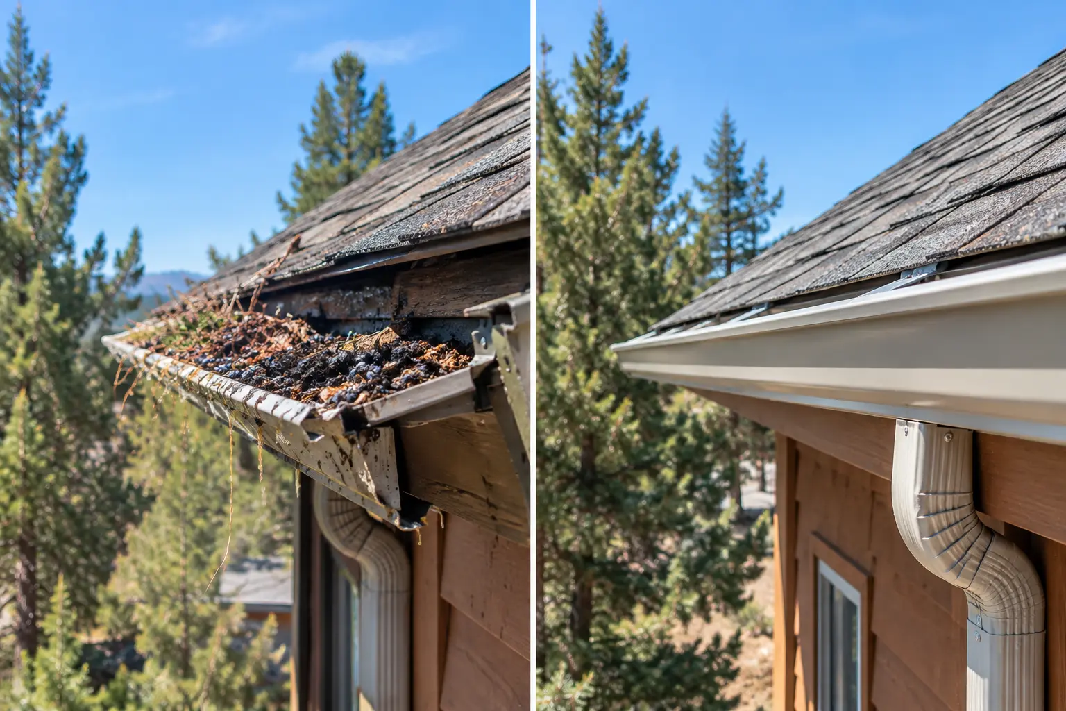 Before and after gutter section restored along the fascia in Bend, Oregon