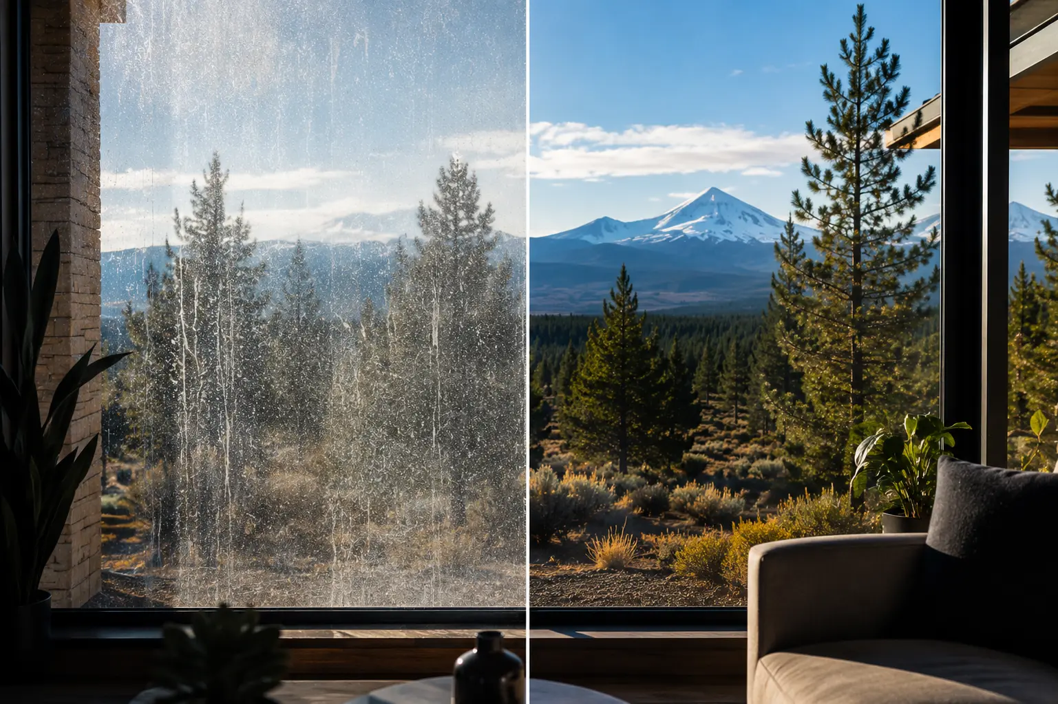 Before and after interior window cleaning with a Cascade mountain view in Bend, Oregon