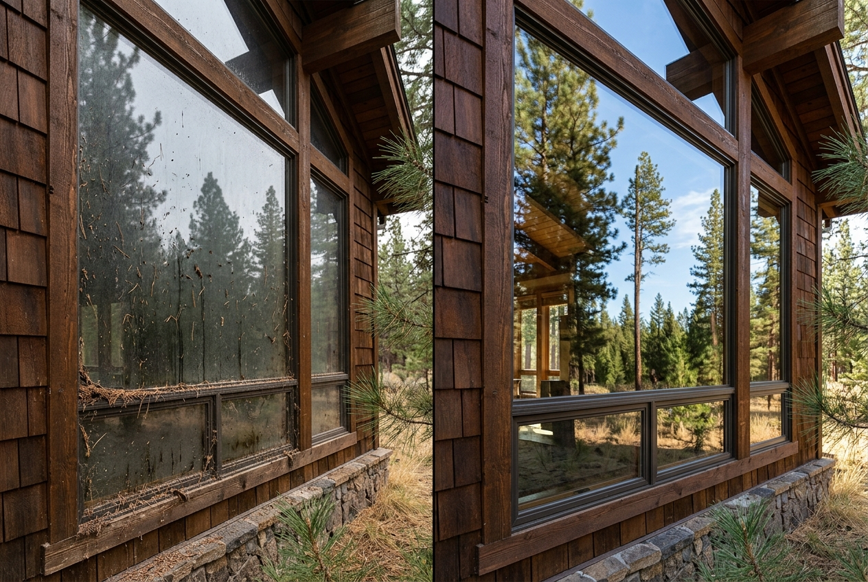 Before and after window cleaning after needle drop at a Black Butte Ranch cabin in Bend, Oregon