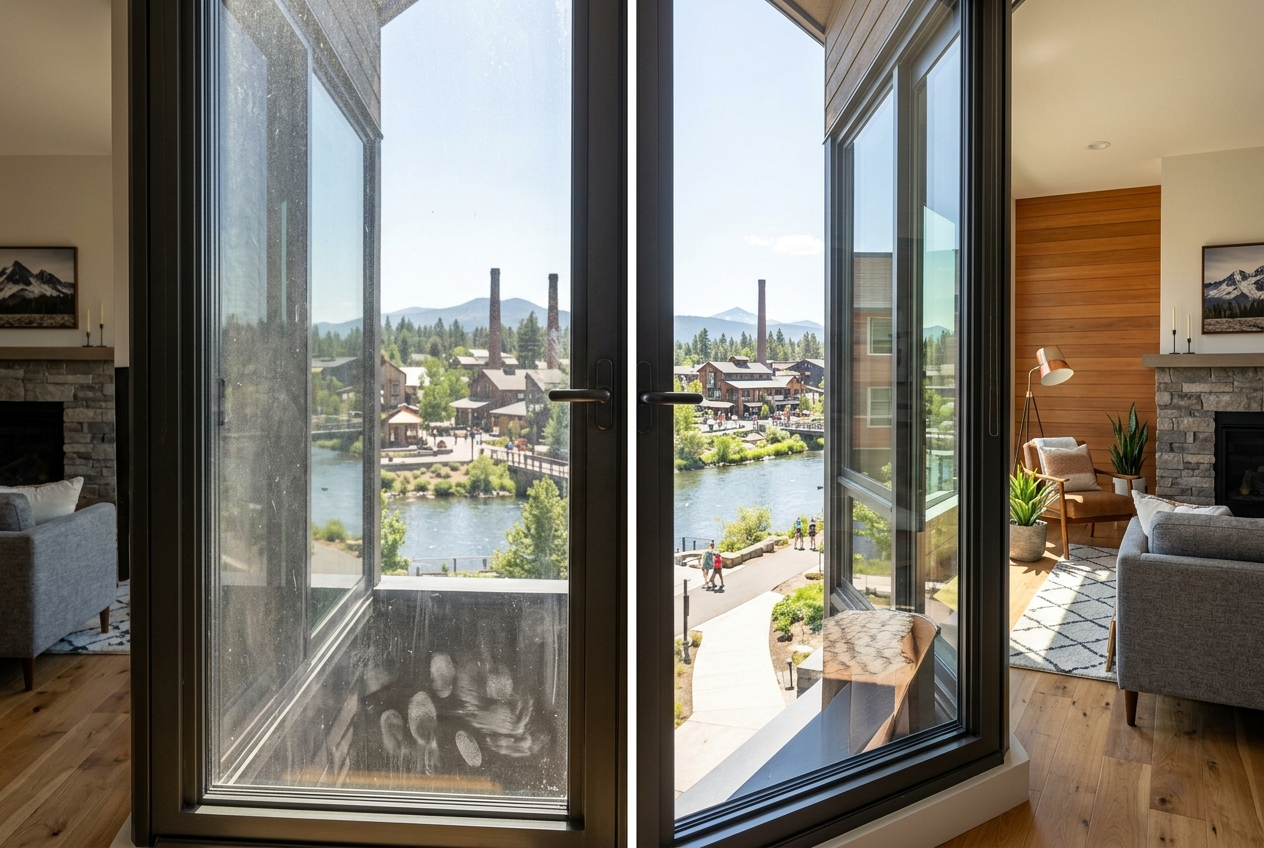 Before and after rental window cleaning before a listing photo shoot near Old Mill in Bend, Oregon