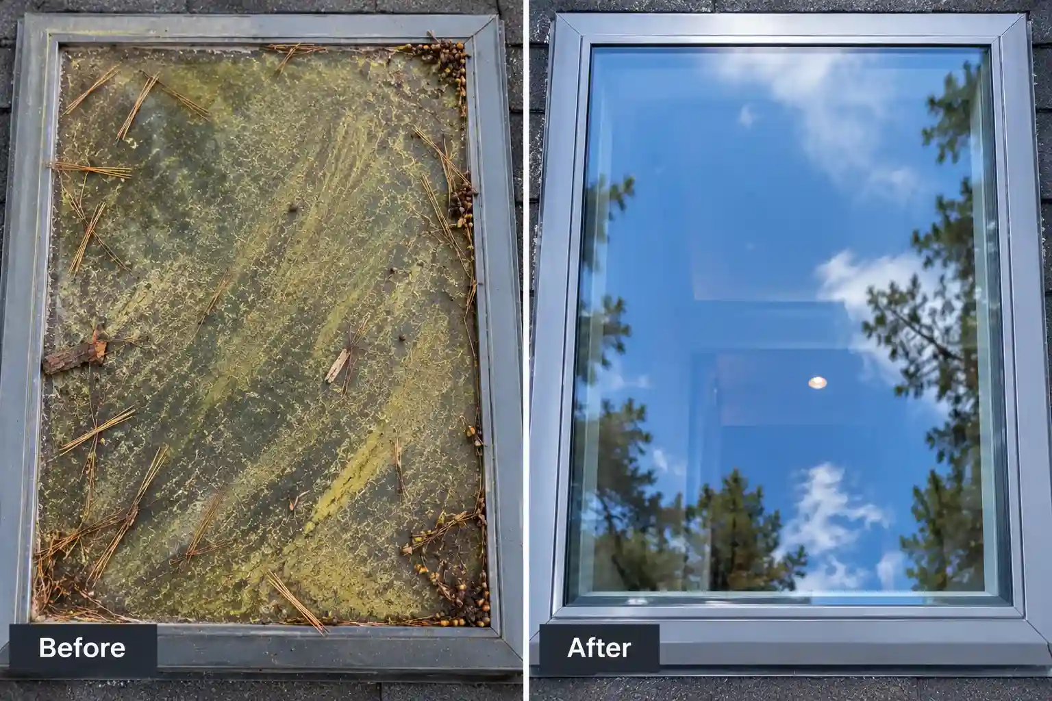 Pollen and needle covered skylight glass before and after cleaning in Bend, Oregon